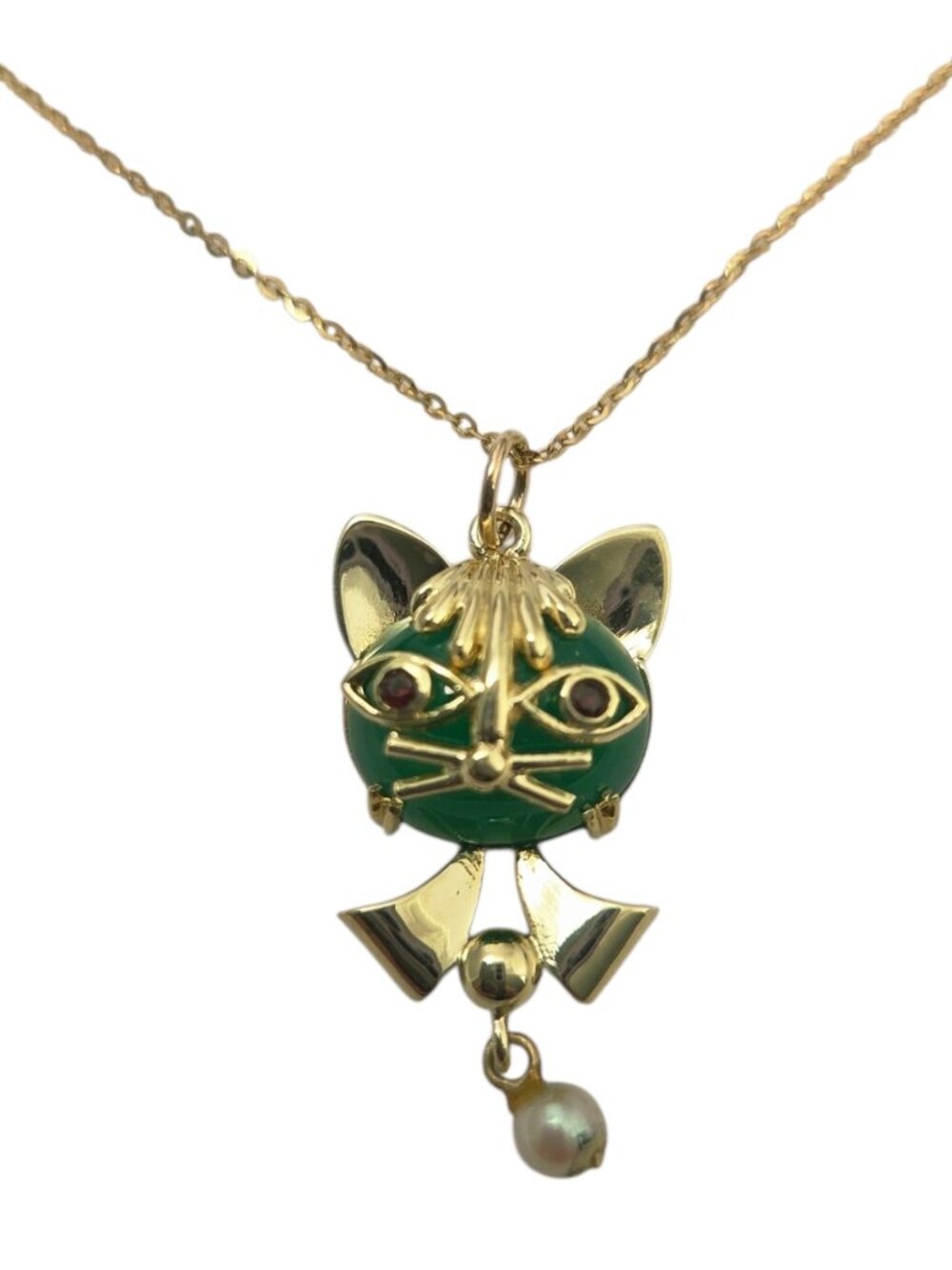 14K Yellow Gold Green Cat Character Pendant Necklace #25187